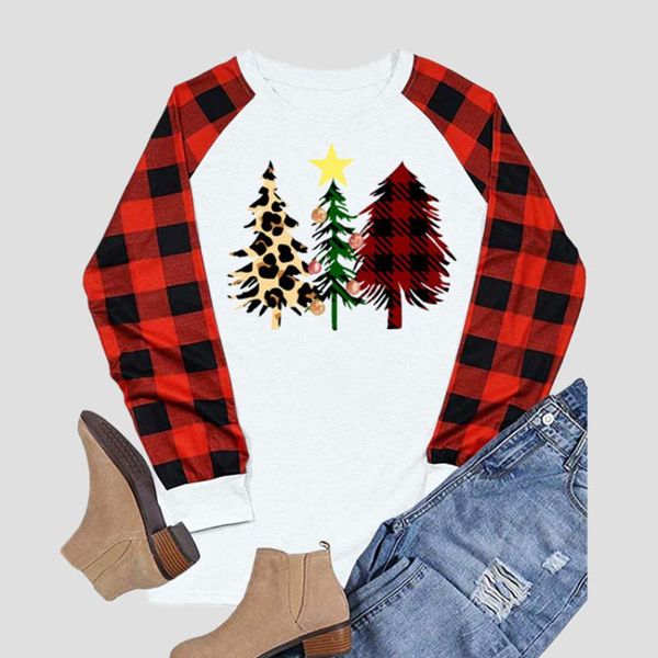 

women's hoodies & sweatshirts christmas cute tree print women plaid sleeve pullovers o-neck casual loose clothes female, Black