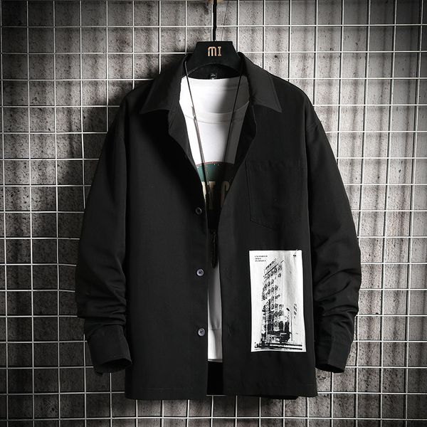 

2021 new men's spring print men fashion black shirt jacket long sleeve blouse streetwear male shirts 6wvr, White;black