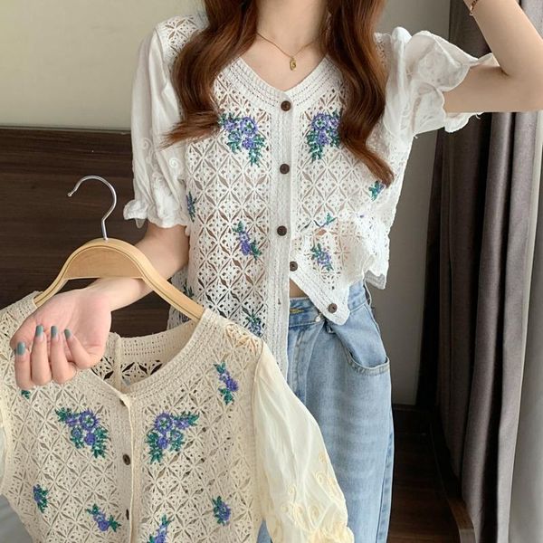 

women's blouses & shirts summer womens embroidered blouse elegant o-neck short puff sleeve single breasted hollow out female blusas 20, White