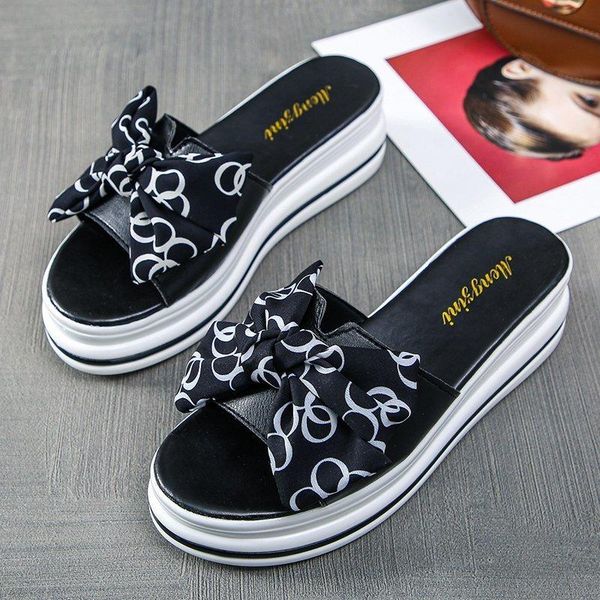 

sandals women bow-knot summer shoes platform slip on wedges heels plus size flip flops, Black