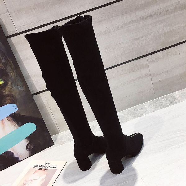 

2021 new fashion lady winter stretch flock sock square toe over-the-knee thick heel thigh high front woman boots 6n4p, Black