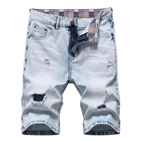 

men's shorts summer men holes denim light blue jeans good quality male straight fit casual pants large size 42, White;black