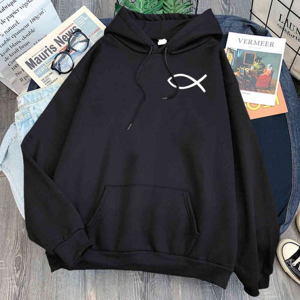 

jus fish printed men's loose wool sweatshirt pocket hoodie street men's cartoon women's hoodie punk hip hop sweatshirt, Black