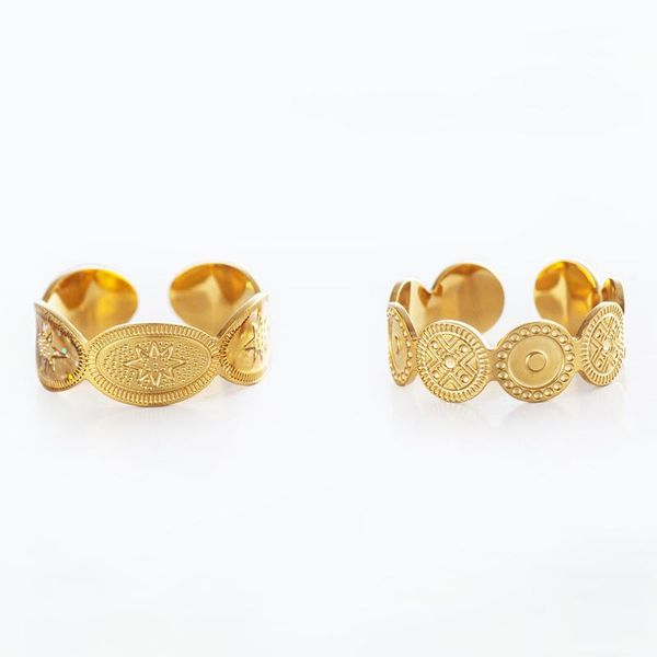 

cluster rings vintage stainless steel ring gold engraved star round oval shape open adjustable finger for women jewelry bague femme, Golden;silver