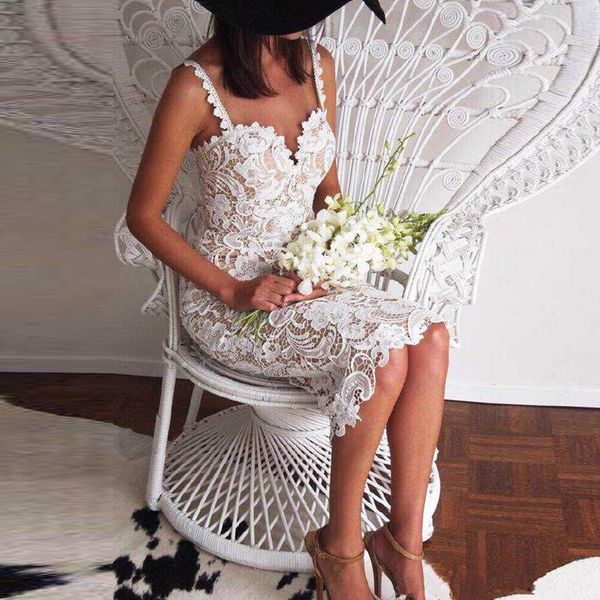 

woman spring embroidery spaghetti strap lace dress high line strapless sheath dress knee length dress, Black;gray
