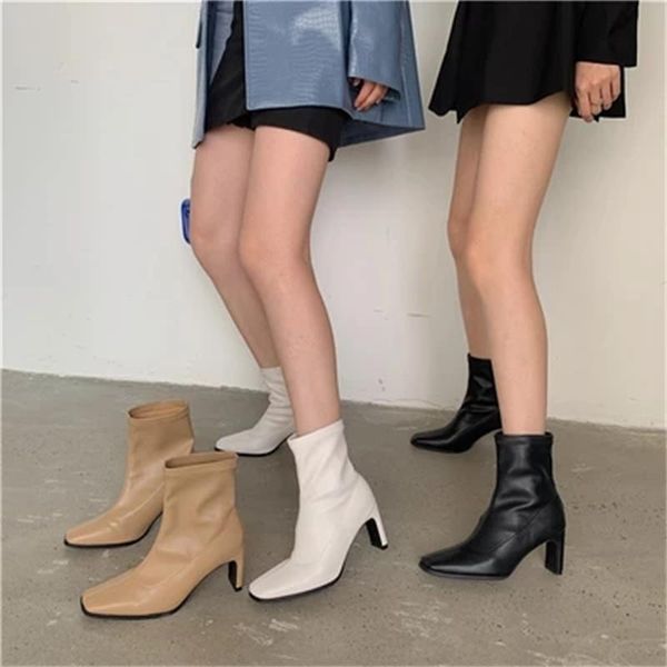 

boots female white square head thick heel set foot 2021 spring british style fashion wild thin short, Black