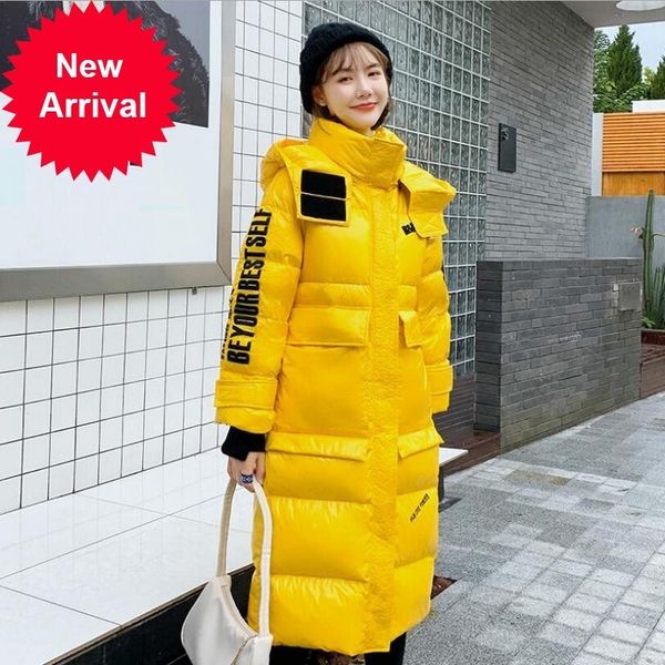 

2021 new hooded ladies coat long parkas oversize women bright glossy winter thick down jacket, Black