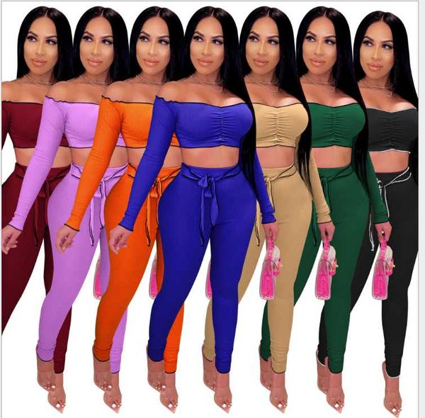

women's tracksuits women sets summer solid clubwear off shoulder crop leggings pants two-piece set multicolor long sleeve lace up, Gray