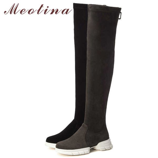 

meotina winter over the knee boots women cow suede thick heel thigh high boots slim stretch zipper shoes ladies fall size 34-39 210608, Black