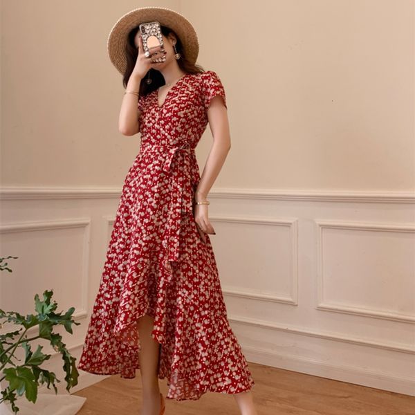 

2021 new bomio retro floral impresso vestidos de vero para mulher manga curta v pescoo praia frias clube xj5e, Black;gray