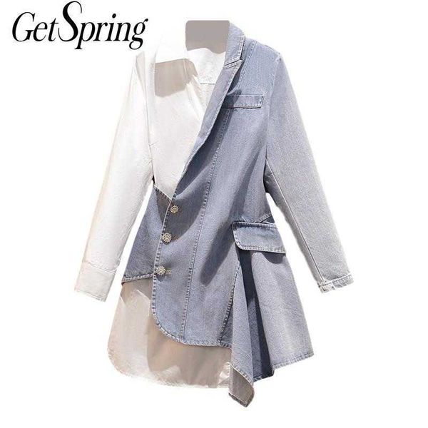 

getspring women dress denim patchwork asymmetry shirt es irregular color matching plus size loose fashion 210601, Black;gray