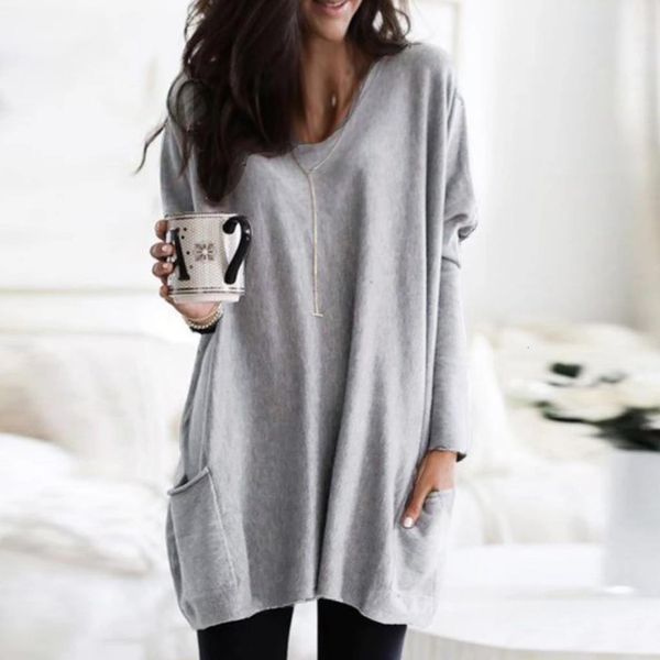 

plus size fashion pockets solid long blouse casual winter loose o neck female womens long sleeve shirt pullover, White