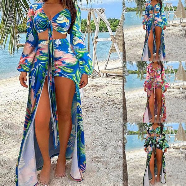 

women's swimwear f62e women leaves print 2pcs bikini swimsuit set puff long sleeve crop maxi skirt, White;black
