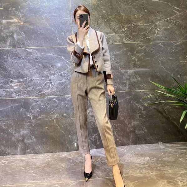 

women 2021 autumn winter pant suit crop solid coat & high waist pants sets office wear ladies suits 2 piece casual set c325, White