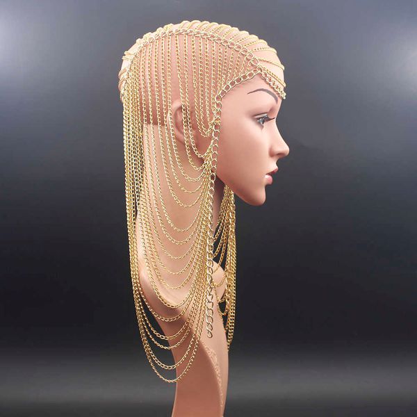 

luxury full metal chain gold color long tassel punk head chain hair jewelry for women party wedding hair accessories headpiece 210616, Slivery;golden