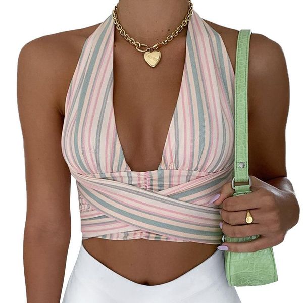 

women's t-shirt women open navel vintage printed halter neck camisole tee backless sleeveless summer beach shirts for club daily pr sa, White