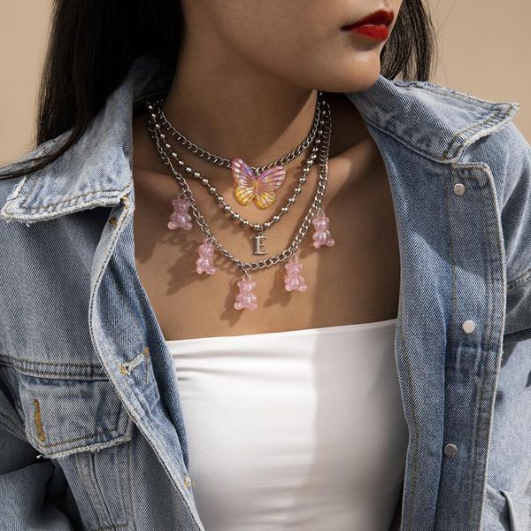 

pendant necklaces 2021 jewelry women's simple multilayer round bead chain necklace retro bear butterfly wedding party set, Silver