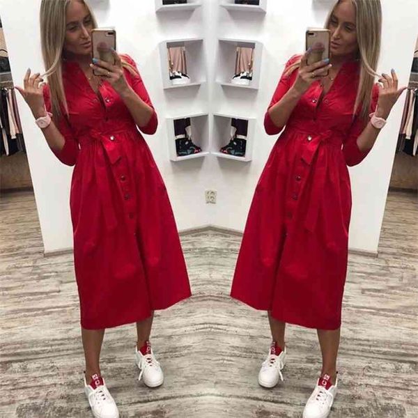 

women autumn casual sashes a line dresses office ladies button seven sleeve solid vintage elegant party 210623, Black;gray