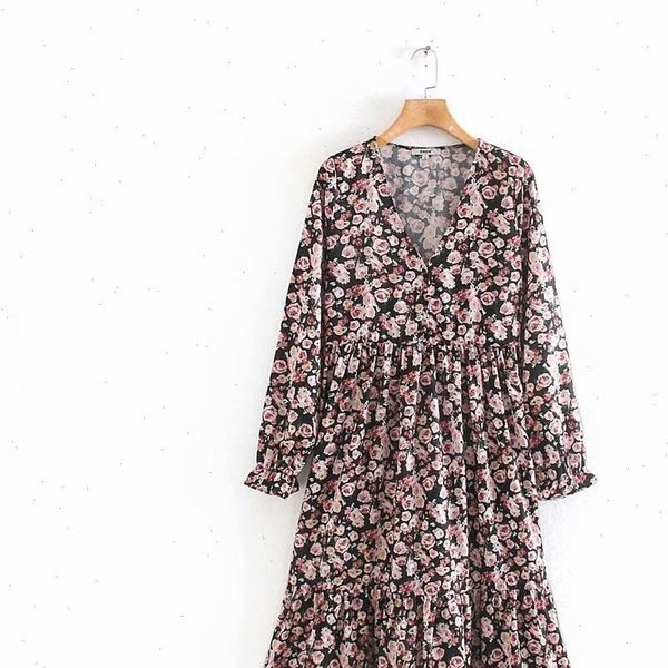 

pube2021 autumn womens new v neck long sleeve printed a line dress loose elastic medium length dress 09392344, Black;gray