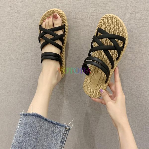 

slippers women roman sandals summer woman beach pu weave straps linen outdoor flat slides fashion non-slip female shoes, Black