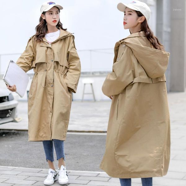 

casual korean windbreaker female autumn new 2020 fashion outerwear loose drawstring slim hooded jacket long coat1, Tan;black