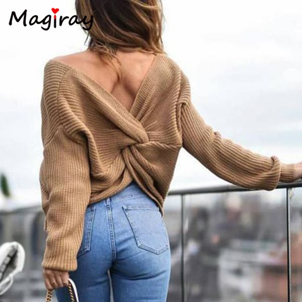 

new magray deep v neck backless twist knot sweater women 2021 autumn winter knit pull femme streetwear pullover cropped jumper sdk0, White;black