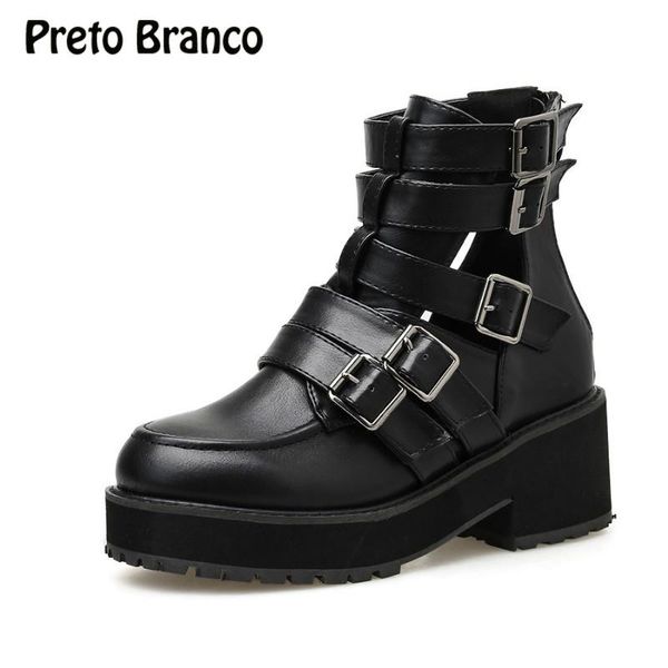 

boots preto branco 2021 women's boot leather belt breasted ankle street high heel platform leisure semi-high heeled -9921, Black