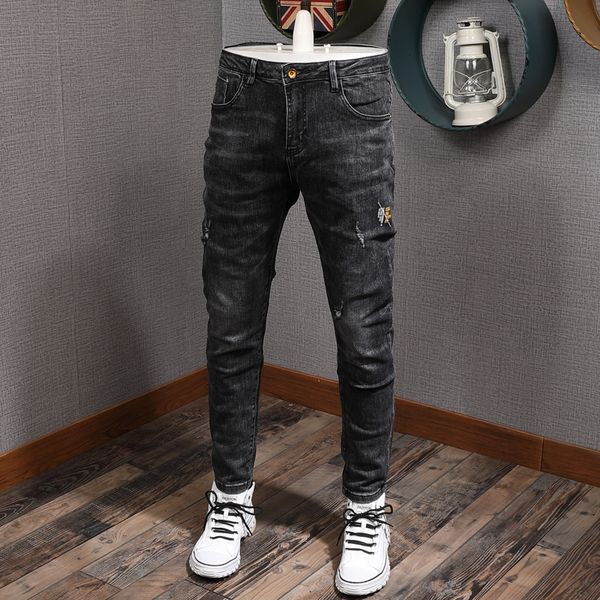 

2021 new korean style fashion men jeans newly designer elastic slim fit casual denim trousers vintage retro black gray pencil pants homme wa, Blue