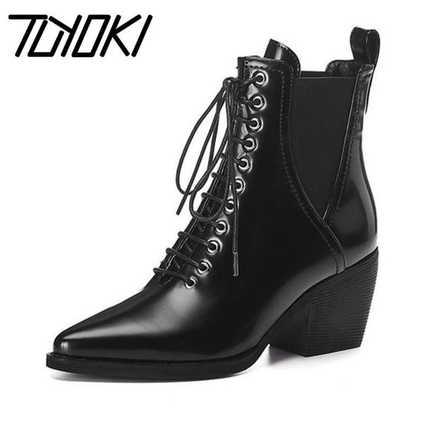 

boots tuyoki lady chunky heels ankle real leather winter pointed toe office brand cross strap short footwear size 33-42, Black
