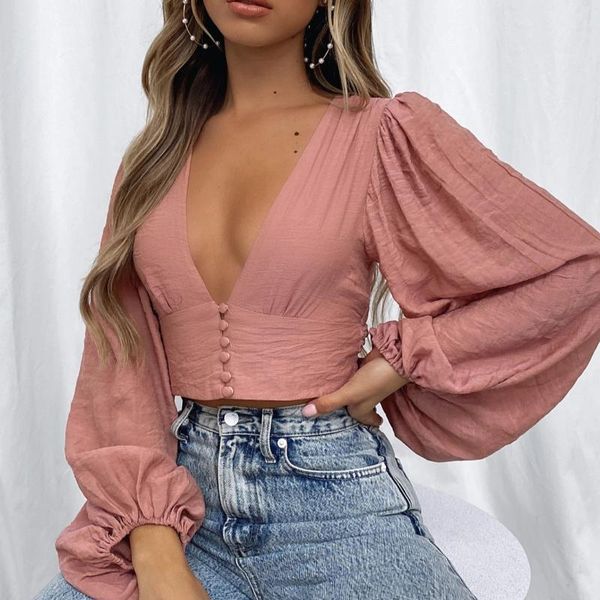 

women's swimwear 2021 spring and summer european american deep v lantern sleeve high waist solid color lady blouse girl top, White;black