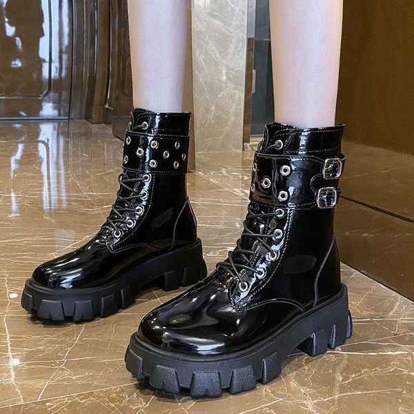 

boots 2021 women's metal decorative pin buckle mid-heel short thick-soled waterproof casual shoes lace-up, Black