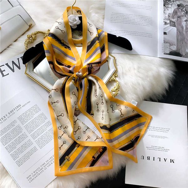 

2021 spring trend item double layer versatile mulberry silk female ribbon long scarf, Blue;gray