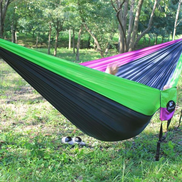 

portable ultra-light double hammock, nylon parachute material size 300cm x 200cm with 2 tree straps for packpacking & hiking
