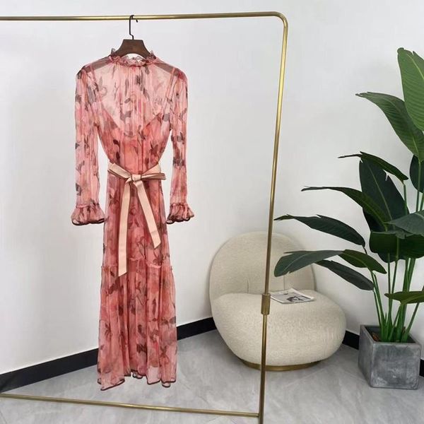 

casual dresses 2021 autumn frilled ruffles collar pink flowers print long flare sleeve crinkle silk women dress quality, Black;gray