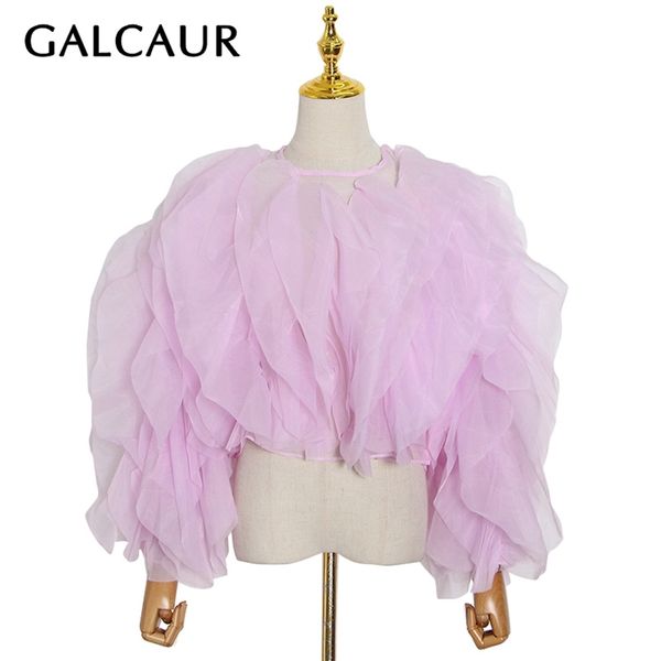 

galcaur chiffon blouses women o neck lantern long sleeve lace up bowknot patchwork ruffles mesh shirt female autumn clothes 210730, White