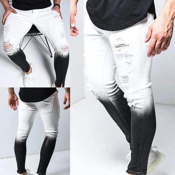 

men's jeans cool multi pockets slim breathable ripped hole gradient color men, Blue