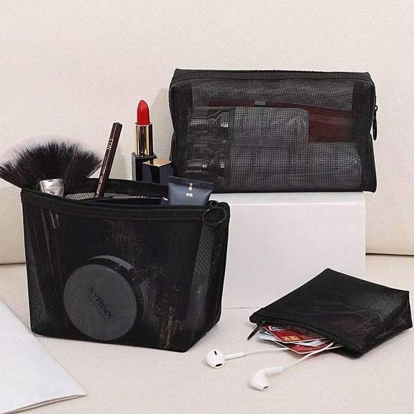 

large-capacity simple black mesh cosmetic bag three-piece multifunctional travel storage bag storage mesh makeup organizer