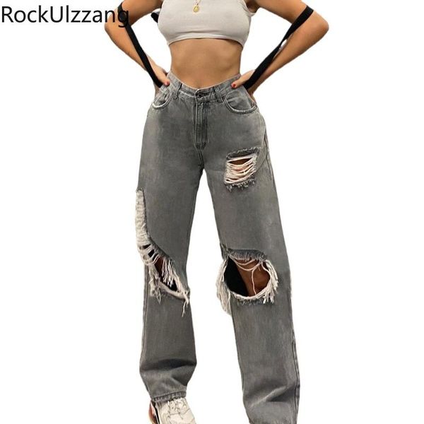 

women's jeans high waist loose straight ripped hole cargo denim pant women streetwear long trouser boyfriend fashion solid washed, Blue