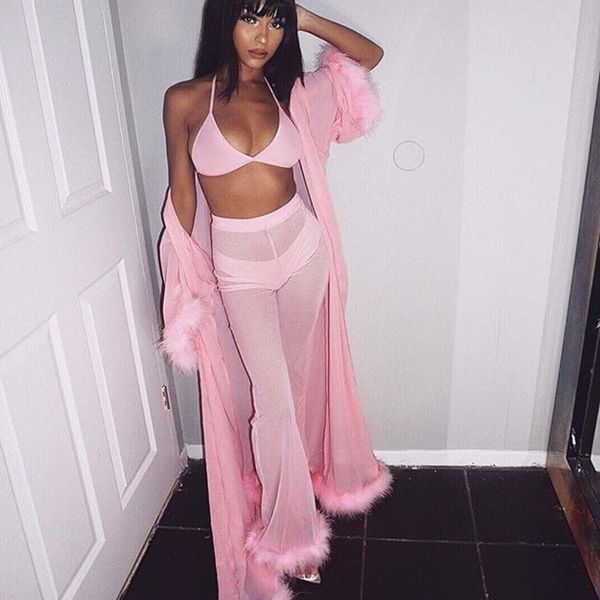 

mesh see through two piece set women flare long sleeve crop long pants 2 piece outfits lady fashion tracksuits 3, Gray