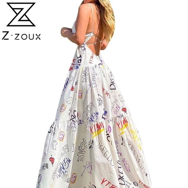 Z-Zoux Mulheres Vestido Sem Mangas Backless Impresso Spaghetti Strap Maxi Vestidos Sexy Longo Verão Vestido Plus Size Senhoras Vestidos 210316