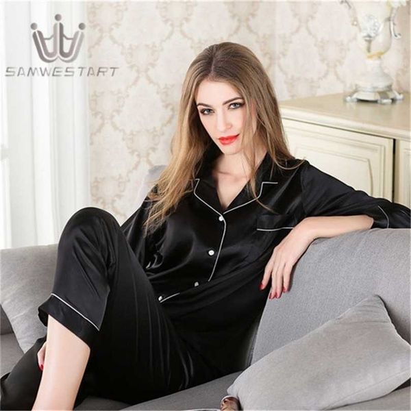 

women faux silk pajama sets satin pyjama sleepwear long/short sleeve large size fashion pajamas for girl nightwear pjs 211106, Black;red