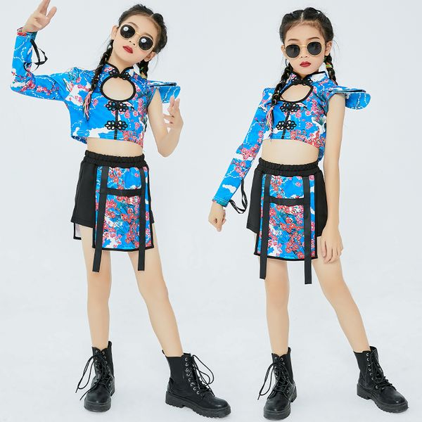

2021 hip hop costume for kids street dance clothes chinese style blue suit jazz performance wear girls catwalk stage costume, Black;red