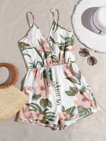 

surplice neck floral cami romper f3s4#, White