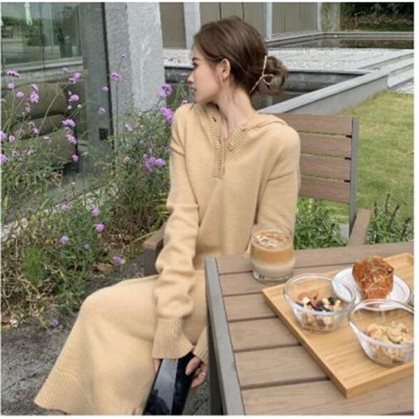 

casual dresses dress women's autumn and winter mid length slim fit with a solid color hooded knit, Black;gray