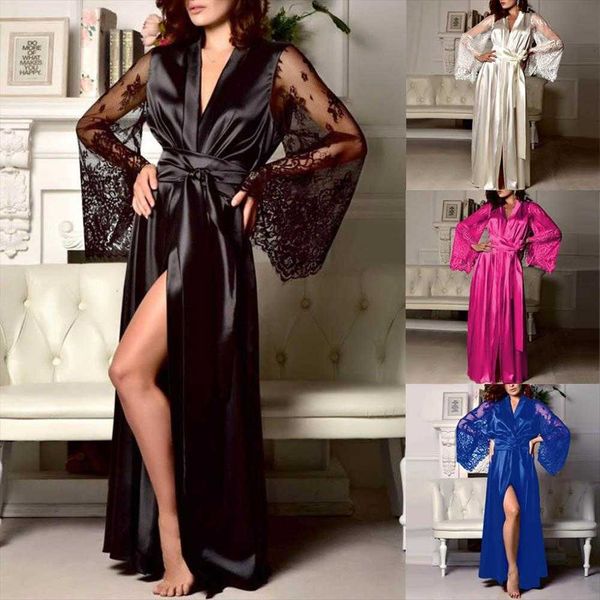 

pajamas nightgown satin nightdress silk women sleepwear lace underwear jacket long bathrobe noble temperament 40, Black;red