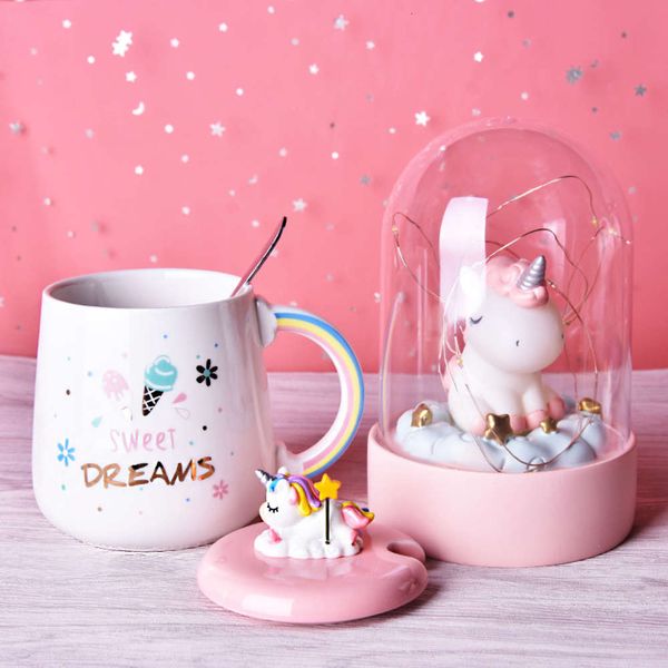 

cute unicorn coffee mug with 3d lid and spoon ceramic tea water cup gift for women girls white 450ml