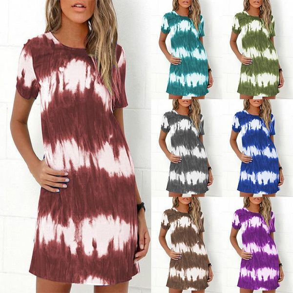 

casual dresses tie dye print women t-shirt dress 2021 short sleeve o-neck gradients fashion lady street, Black;gray