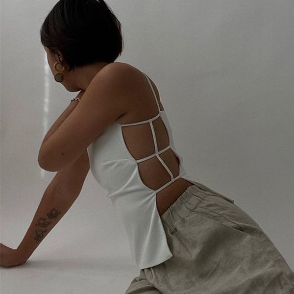 

Fashion Solid White Sleeveless Bandage Summer Crop Tops Women Backless Chic Sexy Straps Top Cropped Streetwear