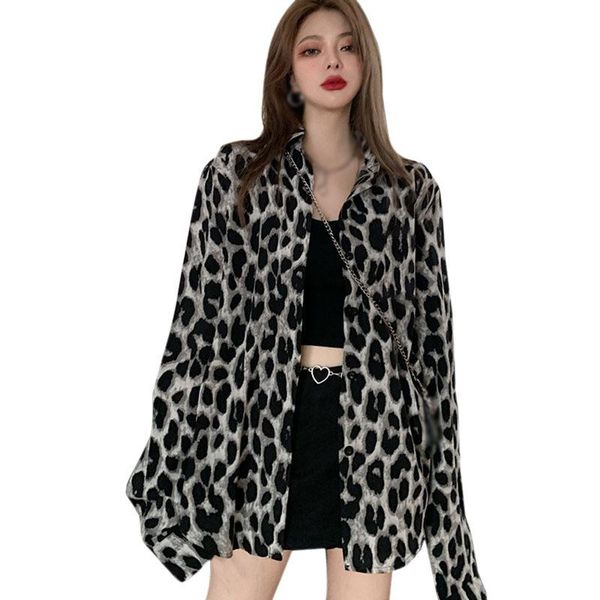 

women's blouses & shirts 2021 spring women leopard print shirt retro hong kong flavor autumn mid-length loose long-sleeved blouse, White