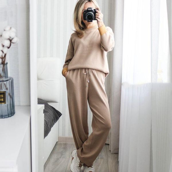 

women's two piece pants knitted drape wide-leg pant suit winter warm sets y2k women sweater tracksuits long straight trousers outfits, White